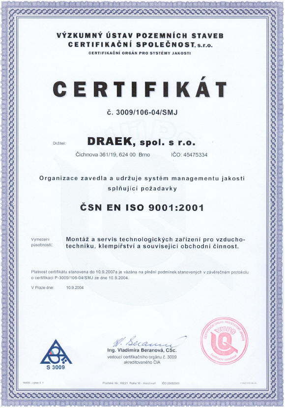 certifikt SN EN ISO 9001:2001